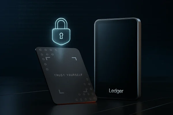 כרטיס Ledger Recovery Key מונח ליד ארנק Ledger Flex, מדגיש את הפשטות והאבטחה של פתרון הגיבוי החדש.